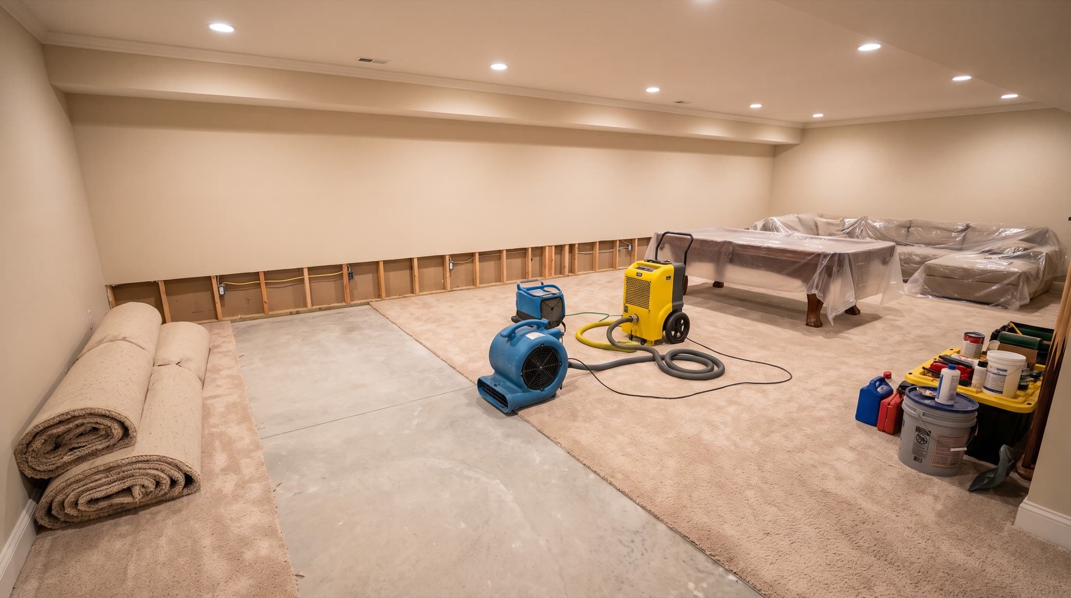 Finished basement mid-restoration: carpet rolled back, drying equipment running, flood cuts along the wall