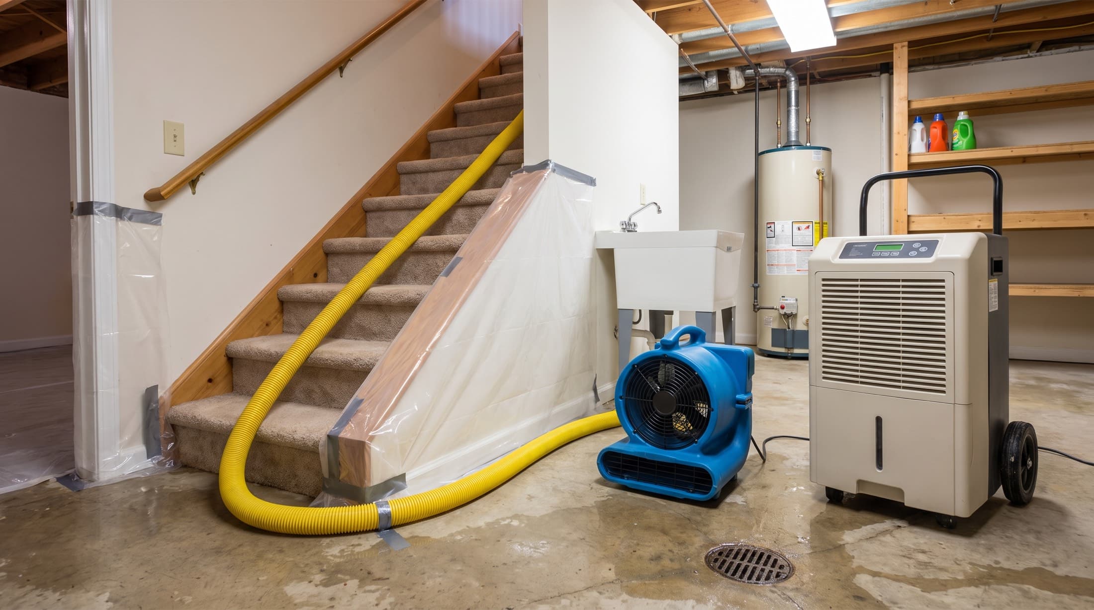 Basement utility area during cleanup: extraction hose up the stairs, air mover and dehumidifier drying the slab