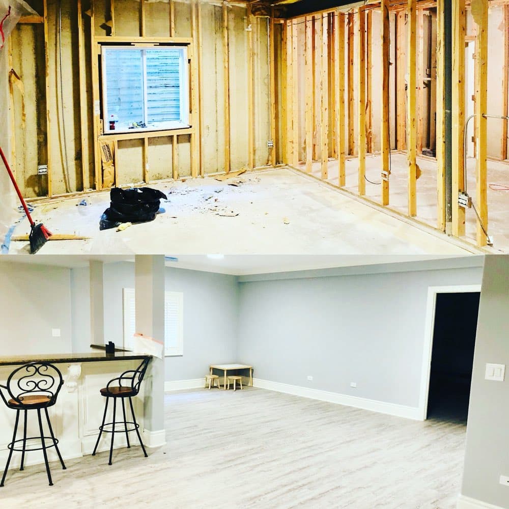 Basement mid-rebuild beside the same space finished