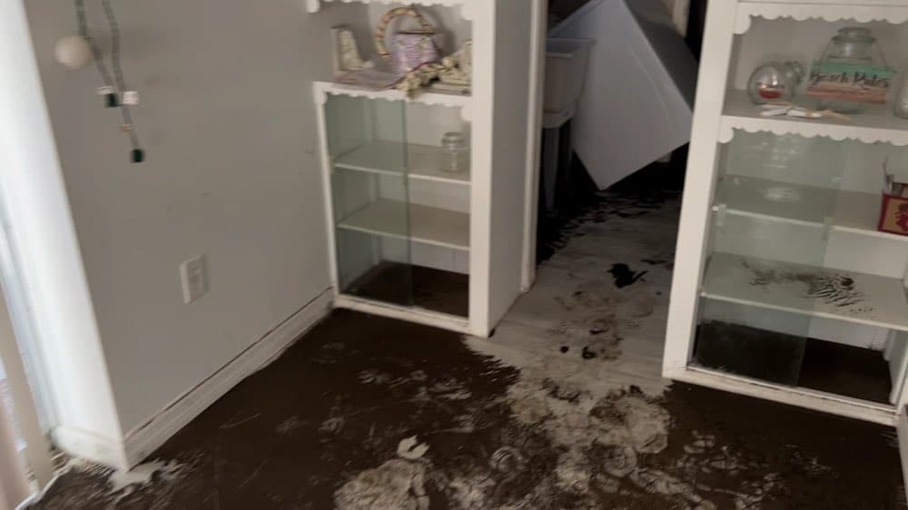 Flood-soaked floor before extraction and cleanup