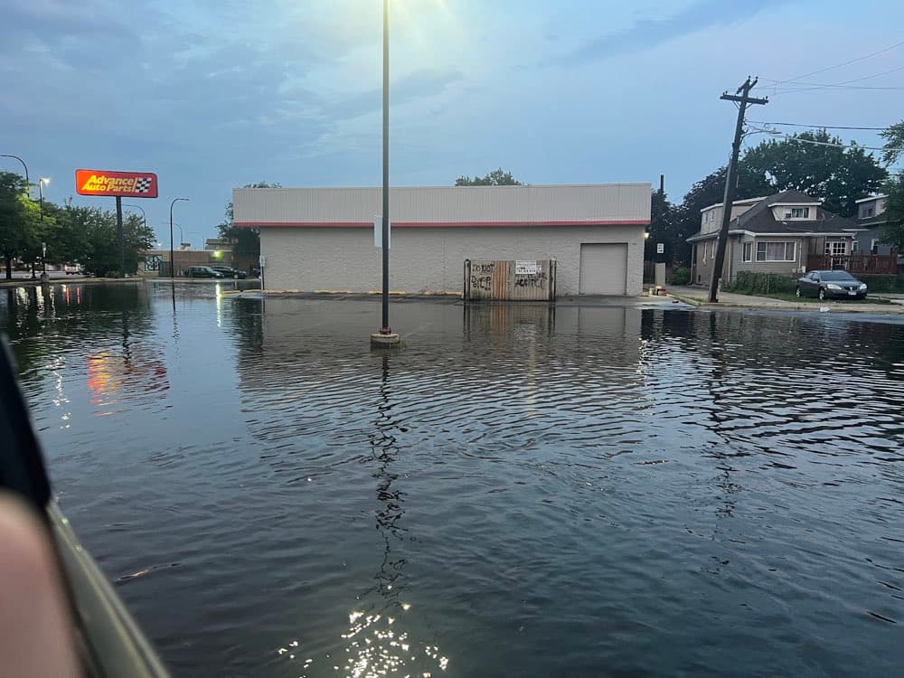 Flooded commercial parking lot on a flood response call