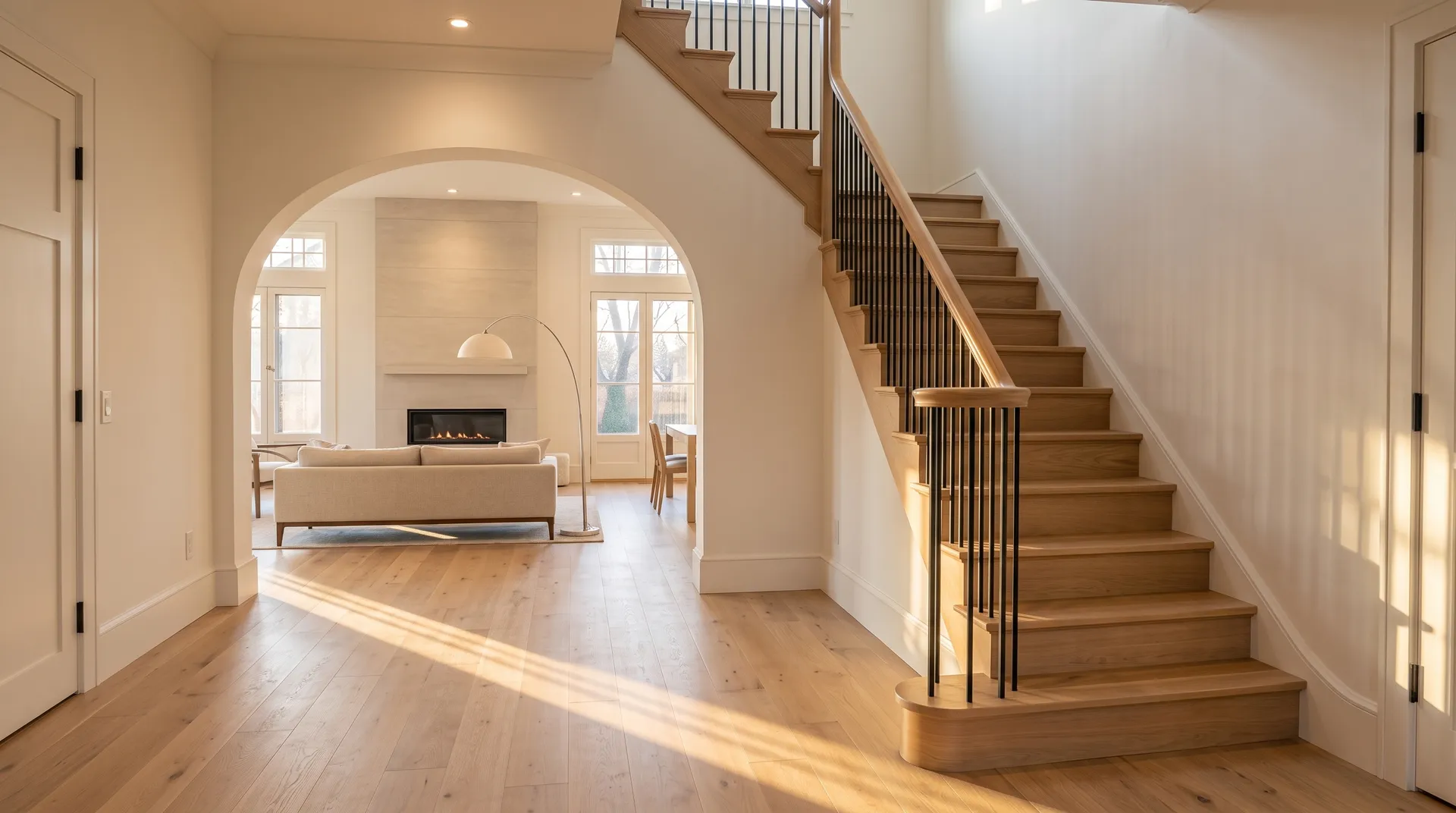An entryway fully rebuilt after fire damage — white oak staircase and fresh walls