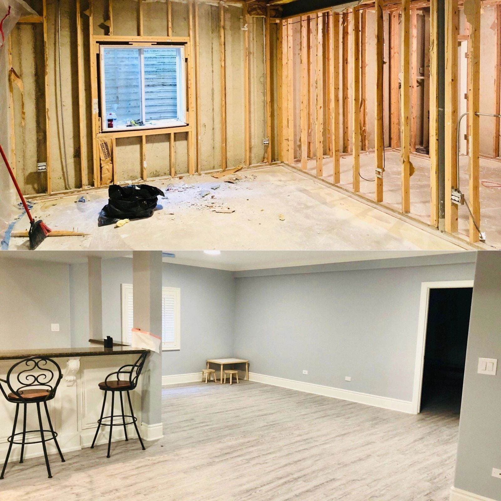 The same basement framed out during restoration and fully finished after — a real Flash rebuild