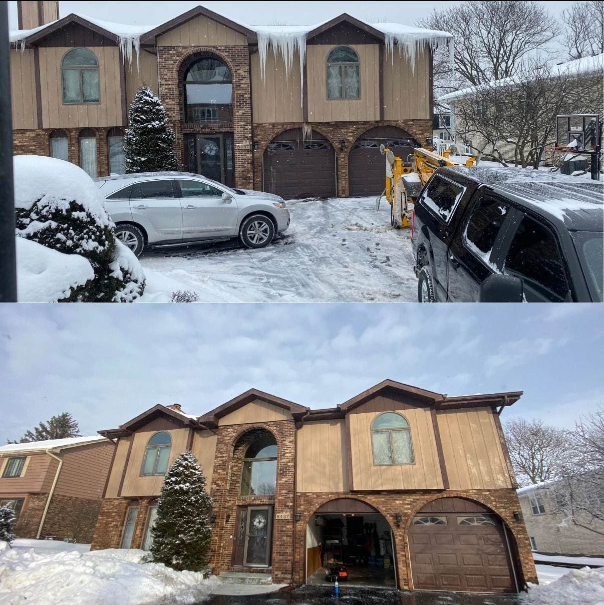 The snowbound home with ice damming at the eaves