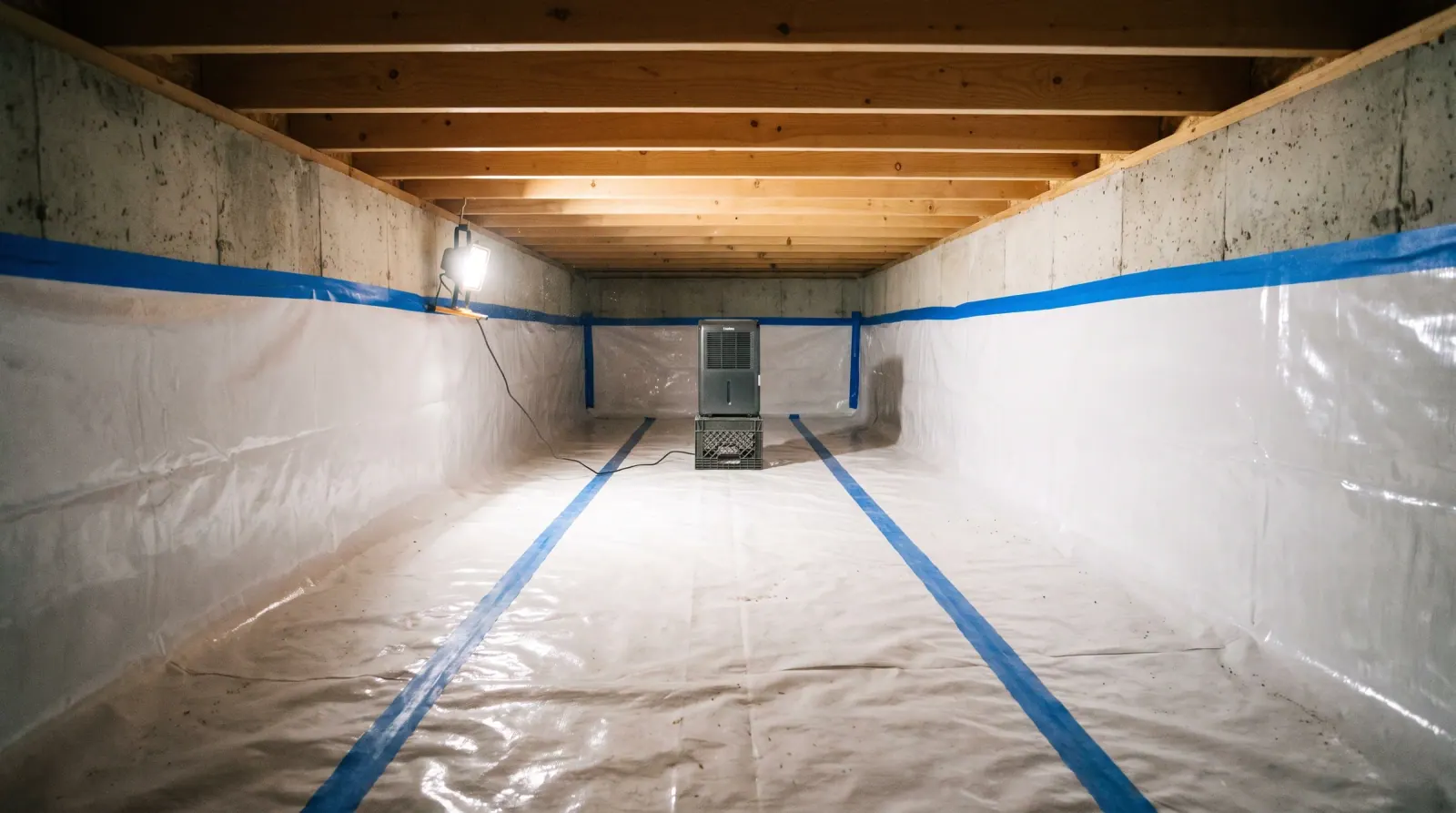 An encapsulated crawl space after moisture remediation