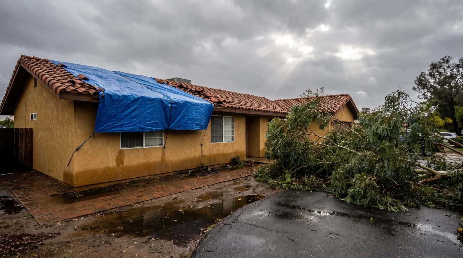 A tarped roof and downed tree limbs under a heavy storm sky